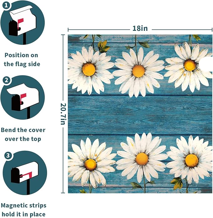 Spring Daisy Rustic Blue Wood Board Mailbox Covers Magnetic Standard Size 21x18 Inch Vintage Floral Summer Waterproof Mail Box Wraps Post Letter Box Covers Garden Yard Outdoor Decor