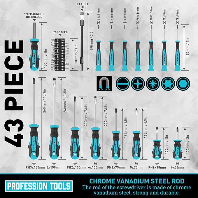 Magnetic Screwdrivers Set with Case, Amartisan 43-piece Includs Slotted, Phillips, Hex, Pozidriv,Torx and Precision Screwdriver Set, Magnetizer Demagnetizer Tools, Tools for Men (Blue))