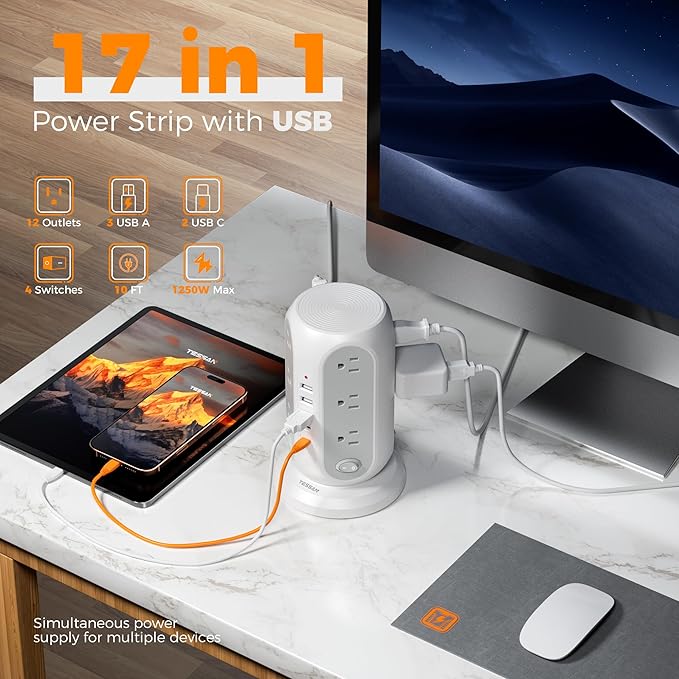 TESSAN Tower Power Strip with Individual Switches, Surge Protector with 12 Outlets, 5 USB Ports(2 USB C), Flat Extension Cord 10 Ft, Flat Plug, Charging Station for Multiple Devices, for Office, Dorm