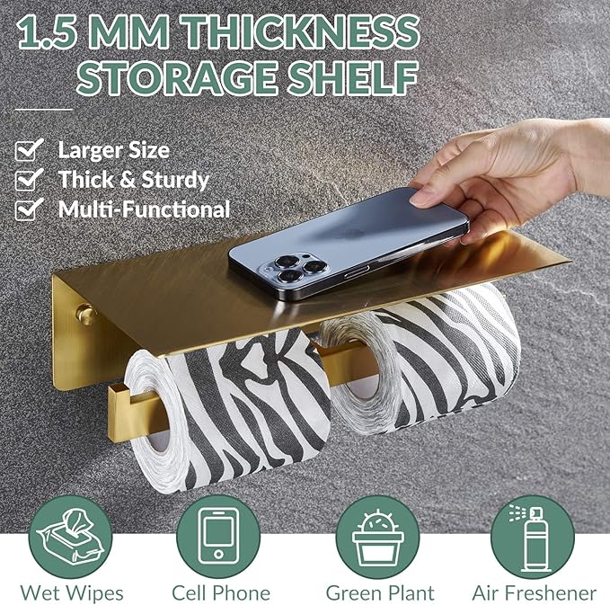APLusee Brushed Gold Double Toilet Paper Holder with Shelf, Heavy Duty 304 Stainless Steel Tissue Holder for Bathroom with Storage, Commercial Paper Roll Dispenser Wall Mounted