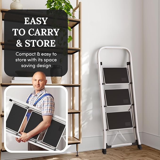 Lifetime Home 3-Step Ladder with Wide Anti-Slip Platform & Thick Rubber Feet - Lightweight Heavy Duty Foldable & Portable - 330 lbs Capacity, Steel Frame, Rubber Handgrip, Folding Step Stool - White