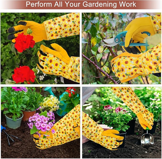 DLY Gardening Gloves for Women, Rose Gloves Gardening Thorn Proof, Long Garden Gloves for Women, Breathable Cowhide Leather Gauntlet (Large, Yellow
