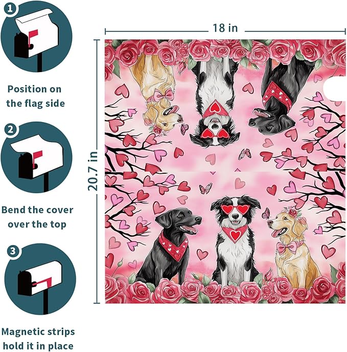 Kawani Valentine's Day Magnetic Mailbox Covers - Pink Rose Heart & Dog Designs, Standard Size 21x18 Inch, Perfect for Anniversary, Wedding, Garden & Yard Decor