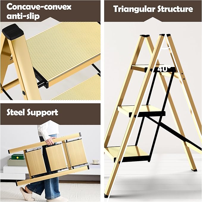 Taranta 3 Step Ladder,Aluminum Lightweight Folding 3 Step Stool with Anti-Slip Wide Pedal,330lbs Capacity Step Ladder for Household,Kitchen,Office - Gold