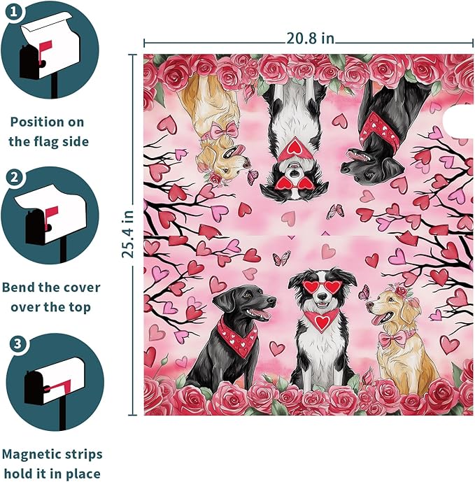 Kawani Valentine's Day Magnetic Mailbox Covers Pink Rose Heart and Dog Mailbox Covers Magnetic Standard Size 25.5x21 Inch Holiday Post Letter Box Cover for Anniversary Wedding Garden Yard Decor