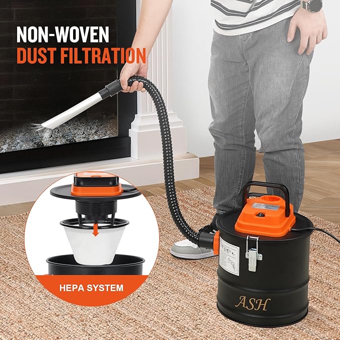 Ash Vacuum Cleaner -2.6 Gallon Fireplace Ash Vac with 800w Powerful Hose Non-Woven Dust Separator | Dry Stove Vacuum for Fireplaces Pellet Grill Wood Stove Fire Pits Orange