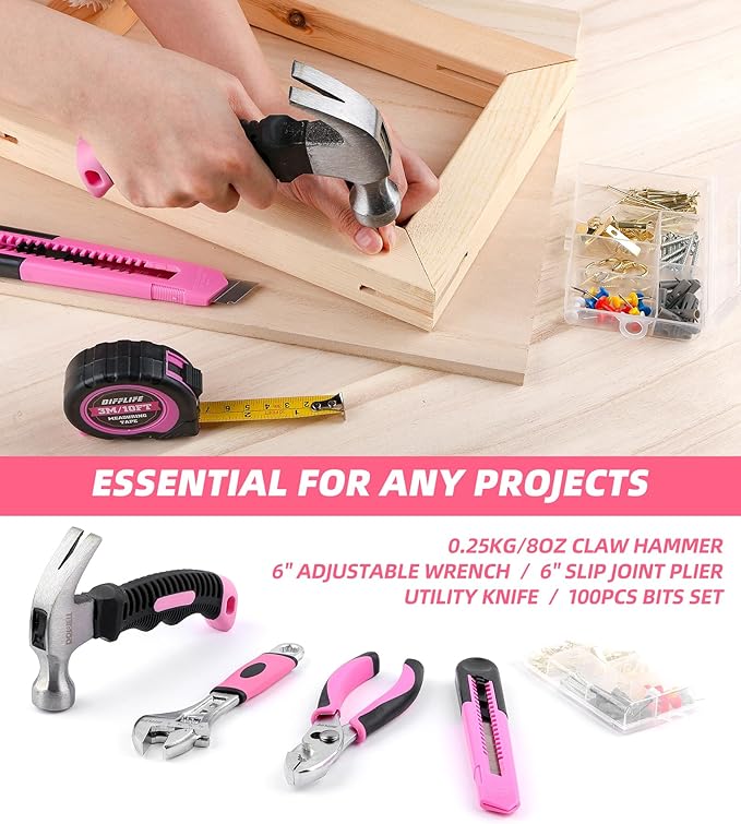 157 Piece Pink Tool Set for Women, Lady's Home Repairing Tool Kit with 13-Inch Wide Mouth Open Storage Tool Bag