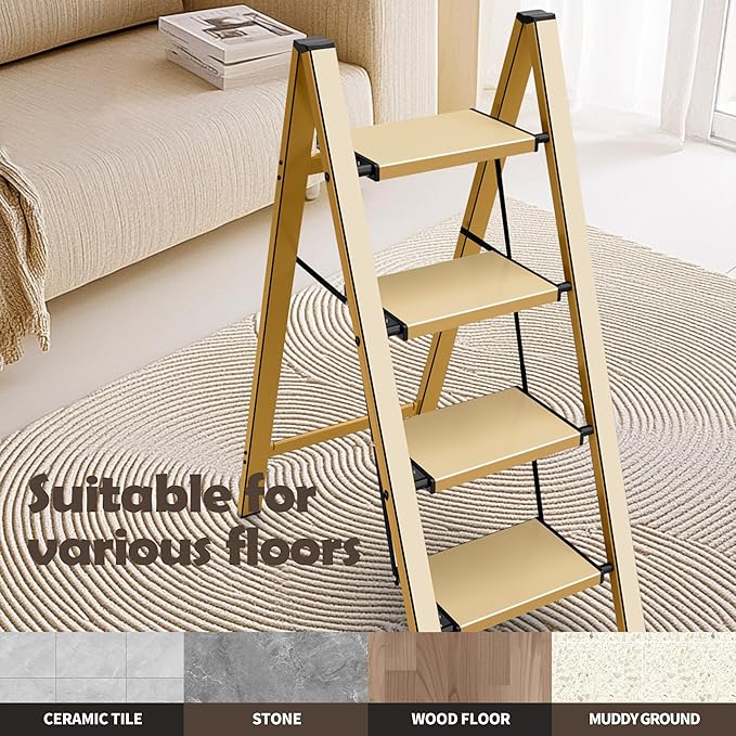 Taranta 4 Step Ladder,Aluminum Lightweight Folding 4 Step Stool with Anti-Slip Wide Pedal,330lbs Capacity Step Ladder for Household,Kitchen,Office - Gold