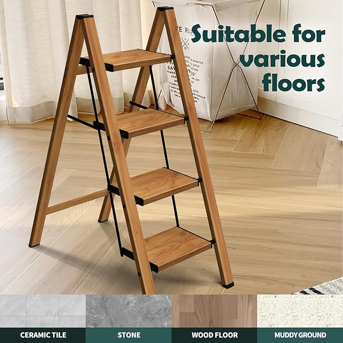 Taranta 4 Step Ladder,Aluminum Lightweight Folding 4 Step Stool with Anti-Slip Wide Pedal, 330lbs Capacity Step Ladder for Household,Kitchen,Office - Woodgrain