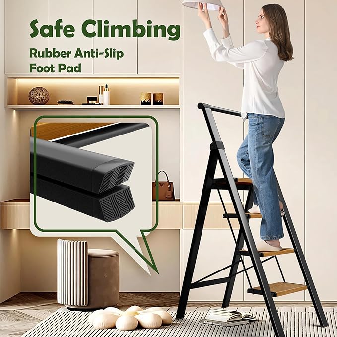 Taranta 4 Step Ladder, Portable Folding Ladder with Wide Pedal, Lightweight Aluminum Step Stool with Convenient Handgrip, 330 lbs Capacity Stepladder for Home, Office - BlackWoodgrain