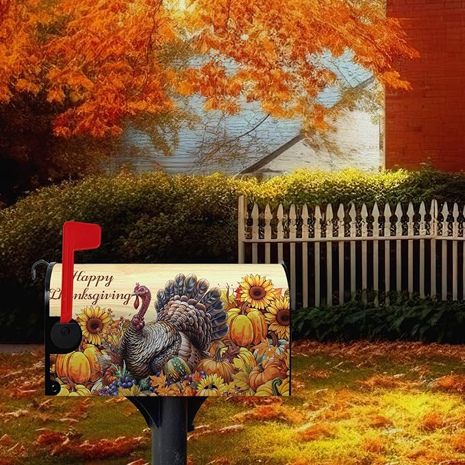 Happy Thanksgiving Turkey Mailbox Covers Magnetic Standard Size 21 x 18 Inch Fall Sunflower Pumpkin Mailbox Cover Wrap Thanksgiving Letter Box Post Cover Outdoor Decorations for Garden Yard