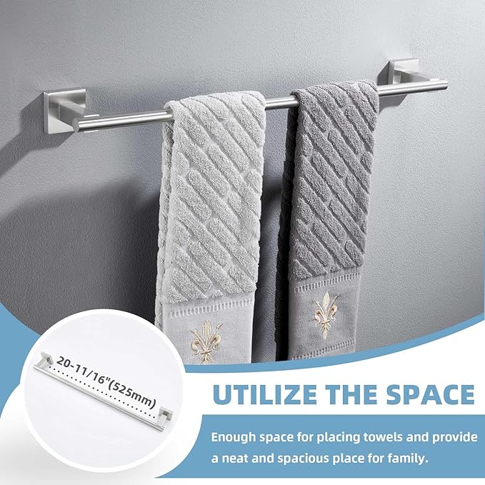 Suyar Bathroom Hardware Set Brushed Nickel, 304 Stainless Steel Bathroom Accessories 4 Pieces, Include Robe Hook, Toilet Paper Holder, Hand Towel Holder, Towel Bar, Wall Mount