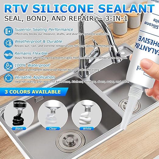 White Silicone Sealant & Adhesive RTV 100% Silicone Caulk Waterproof High Strength Adhesive All-Purpose Shrink & Crack Proof Caulking for Kitchen, Bathroom, Windows & Car - 1.8oz/50g