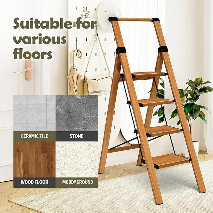 Taranta 4 Step Ladder, Portable Folding Ladder with Wide Pedal, Lightweight Aluminum Step Stool with Convenient Handgrip, 330 lbs Capacity Stepladder for Home, Office - Woodgrain