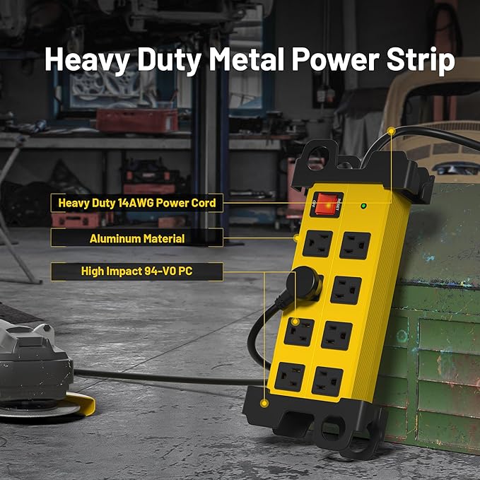 Heavy Duty Power Strip 8 Outlets - Surge Protector 2700J with 6FT Long Extension Cord, Industrial Metal Powerstrip 15Amp, Wall Mount Plug for Garage Workshop Outdoor Home Office, Wide Spaced (6ft)