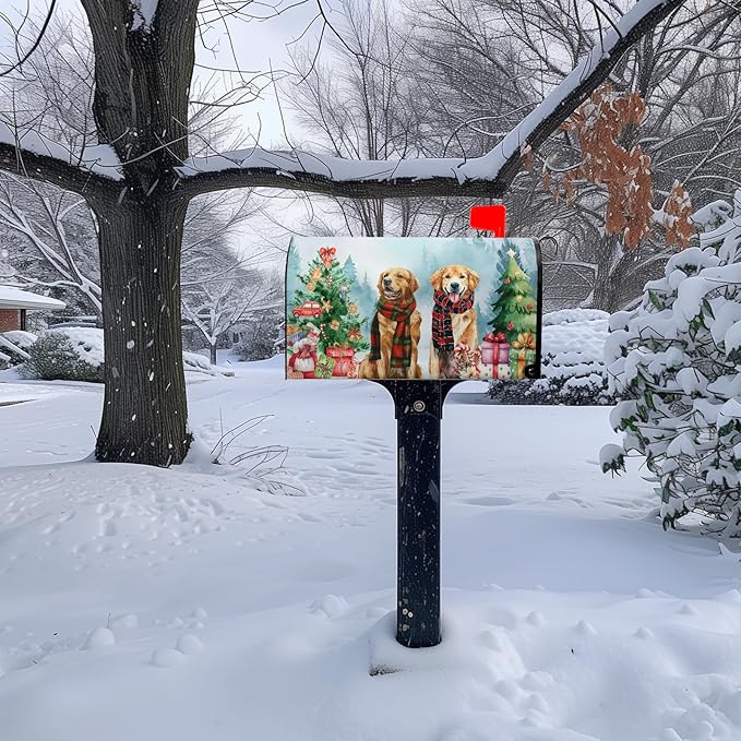 Xmas Dog Magnetic Mailbox Covers Christmas Tree Mail Box Cover Standard Size Winter Retriever Dogs Post Letter Box Wraps 21x18 Inch for Garden Outdoor Decor