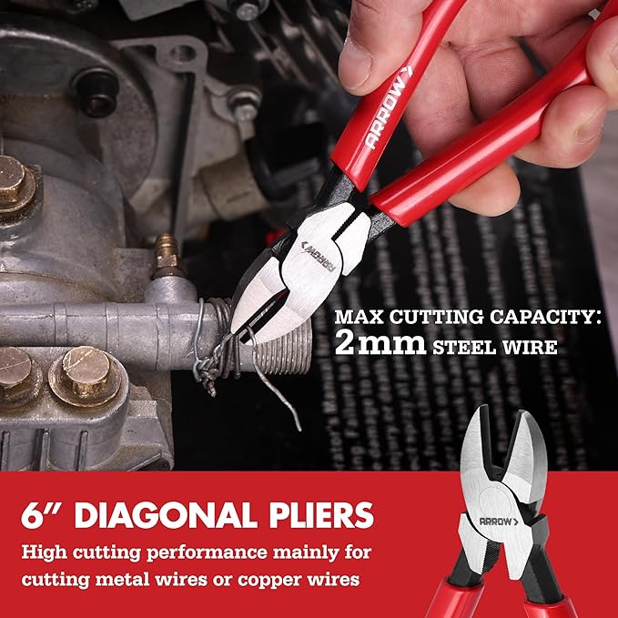 ARROW 8PCS Pliers & Wrench Set, 6" Needle Nose Pliers, 6" Diagonal, 7" Linesman, 8" Slip Joint, 8" & 10" & 12" Groove Joint and CRV 8" Adjustable Wrench, Portable Rolling Bag With Handle