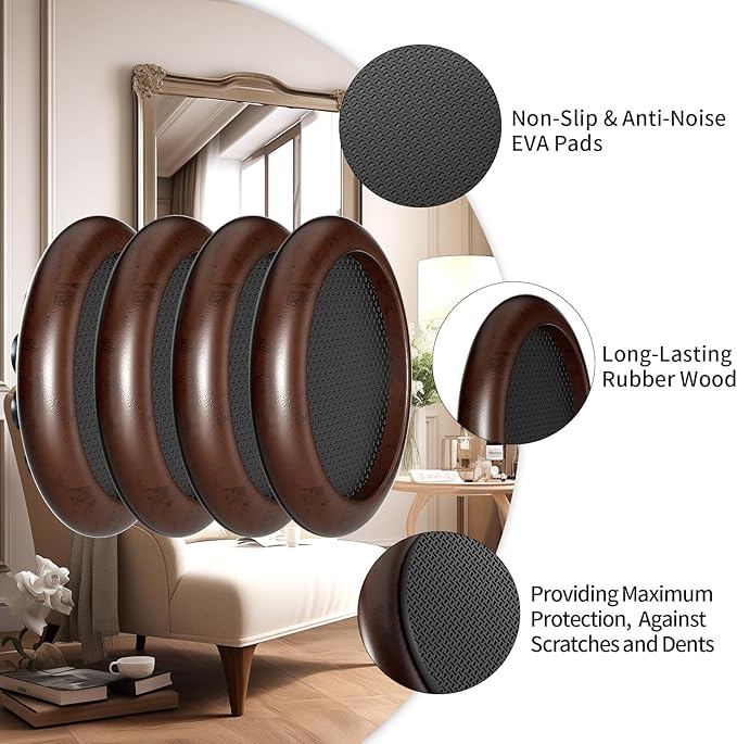 Ezprotekt 3” Non Slip Round Wood Furniture Pads for Hardwood Floors, 4 Pcs Anti Slip Furniture Coaster for Chair Sofa Bed Couch, Furniture Cups with Anti-Slide EVA Anti-Scratch (Dark Brown)
