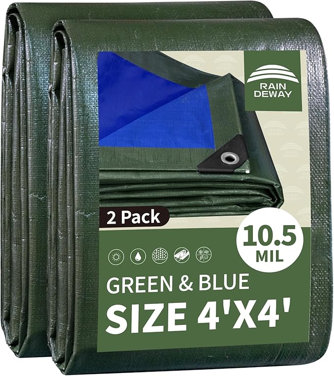RAINDEWAY Small Waterproof Tarp 4x4 Feet (2 Pack),10.5 Mil Tarps Heavy Duty Waterproof with Metal Grommets and Reinforced Edges,UV Resistant,Durable,Green/Blue Tarp