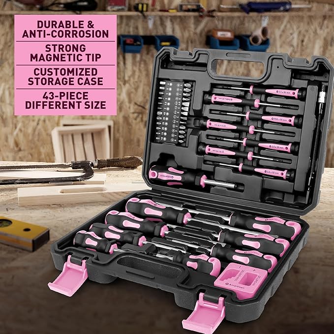 Magnetic Screwdrivers Set with Case, Amartisan 43-piece Includs Slotted, Phillips, Hex, Pozidriv,Torx and Precision Screwdriver Set, Magnetizer Demagnetizer Tools, Tools for Men (Pink))