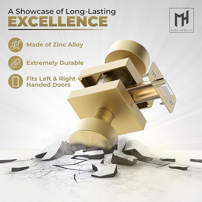 Mega Handles SUANA Passage Door Knob for Hallway, Closet and Bathroom, Reversible Heavy Duty Design Door Knobs, Fits All Standard Door Sizes, Screws Included - Satin Brass (1 Pack)