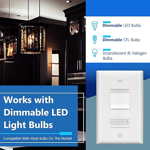 LIDER Dimmer Switch for Dimmable 200W LED/CFL Lights, Single Pole, 120 V, Modern Upgrade, UL Listed, Wall Plate Included, White