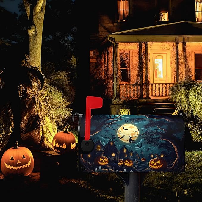 Halloween Pumpkin Castle Mailbox Covers Magnetic Standard Size 21x18 Inch Spooky Witch Mailbox Cover Moon Night Letter Post Box Wraps for Garden Yard Outdoor Decor
