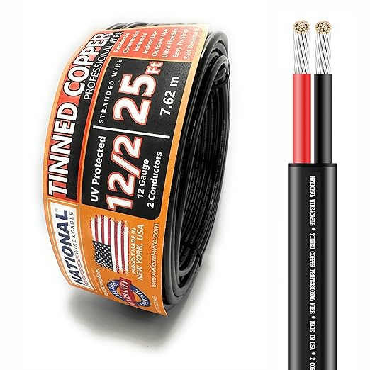 National Wire&Cable - 12/2 Tinned Copper Professional Wire (25 Feet) 12 AWG Gauge Stranded PVC Cord - 2 Conductor Electrical Wire - Made in USA - CL Rated/ETL Listed - Automotive, Low Voltage Cable