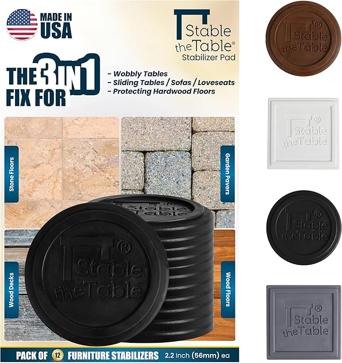 Stable The Table-12 Pack-Black Round, Furniture Leveler & Riser, Anti-Slip Sofa Gripper for Hardwood Floors, Floor Protector, Stacking Furniture Pad, Bed, Desk, Couch & Table Stabilizer, Made in USA