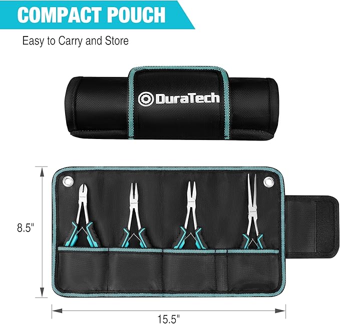 DURATECH 4PCS Long Reach Pliers Set with Pouch - Needle Nose, Diagonal, Linesman and Flat Nose, Mini Extra Long Pliers Set for Jewelry Making, Wire Bending and Object Gripping on Narrow Space