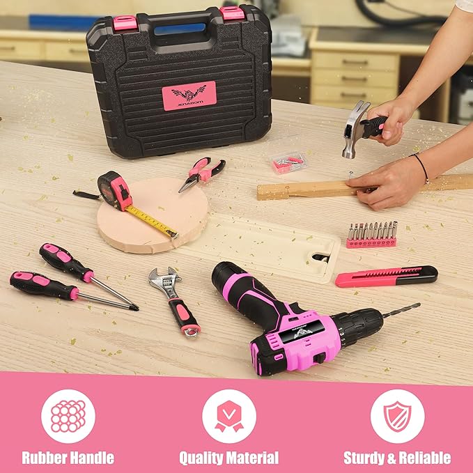 Pink Tool Set - 12V Cordless Drill Kit, 151 Piece Box With Hand Drill, Home Tool Kits for Men & Women, Perfect for Homeowner, Diyer, Handyman
