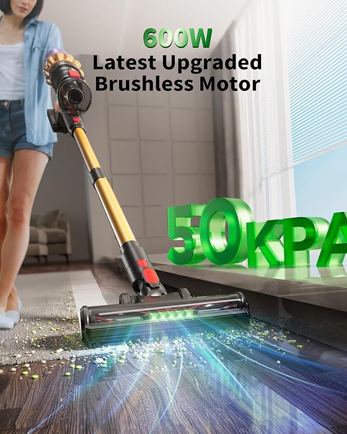 Cordless Vacuum Cleaner, 600W 50Kpa 70Mins, Vacuum Cleaners for Home, Stick Vacuum with Anti-Tangle Brush, Wall Mount Charge, Rechargeable Cordless Vacuum for All Floor/Sofa/Pet Hair/All Floor
