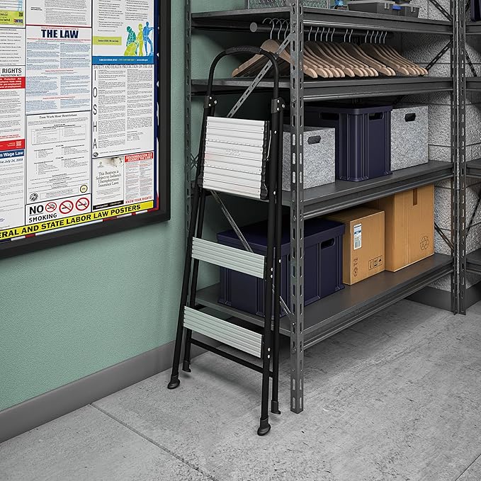 COSCO Lightweight Three-Step Folding Step Stool for Home Use - Large Platform, One-Hand Release, Non-Marring Leg Tips, Aluminum and Steel Frame