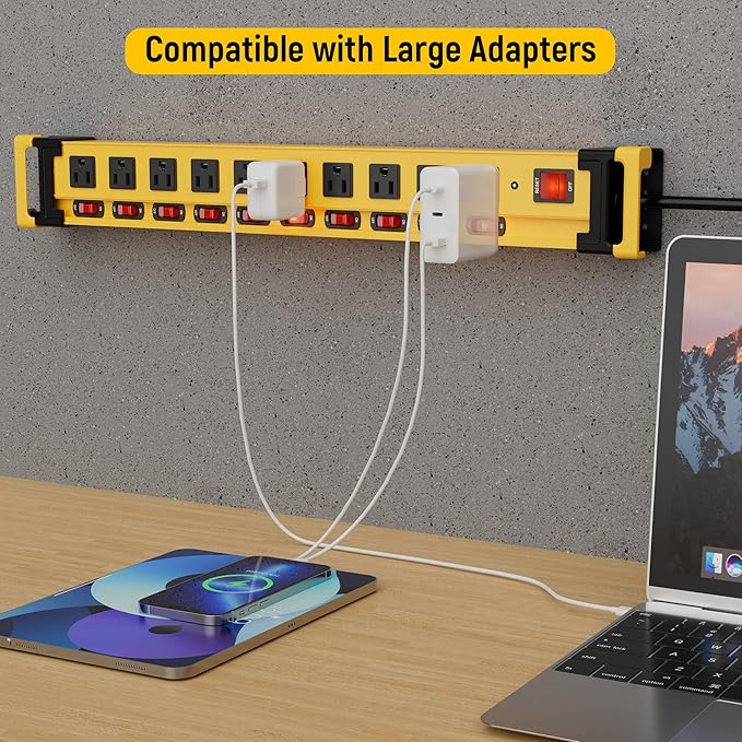 Power Strip 10 Outlet,3300J Surge Protector with Individual Switches,9FT Cord 14AWG/15AMP/1875W,Metal Heavy Duty Power Strip with Cord Manager,for Workshop,Garage,Shop,Home