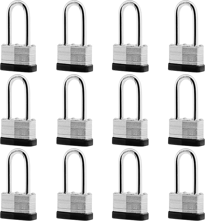 12-Pack Keyed Alike Laminated Steel Padlocks, 1-3/4" Wide, Heavy Duty Long Pad Lock Set with Same Keys