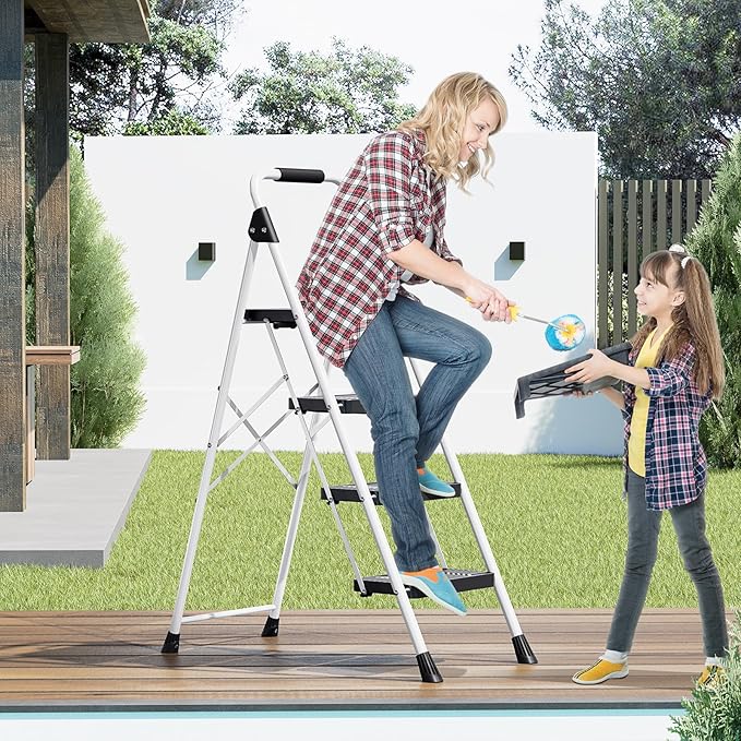 KINGRACK 4 Step Folding Ladder, 800lbs Capacity Step Stool with Safety Lock, Non-Skid Wide Pedals, and Handrail, Lightweight, Household Ladder for Home, Kitchen, Pantry, Closets, and Office Use, White