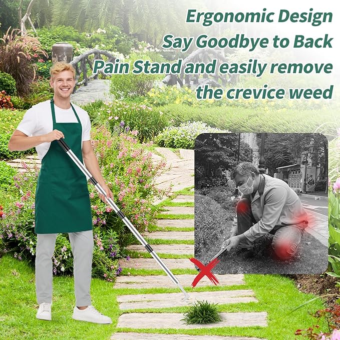 Crack Weeder Tool,2-in-1 Crack Weeder & Moss Remover Brush,33-61 Inch Adjustable Handle,Weed Removal Tool for Weeding Between pavers, Sidewalk, Driveway Crack, Patio Crevice