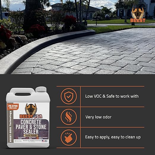 Paver Sealer - 8700 Wet Look (Satin Finish) - 1 Gallon Covers up to 175-250 sq ft (2 Coats)| Concrete Sealer Outdoor - Color Enhancing Acrylic Sealant for Stones, Patios, Pavers, Bricks & Driveways