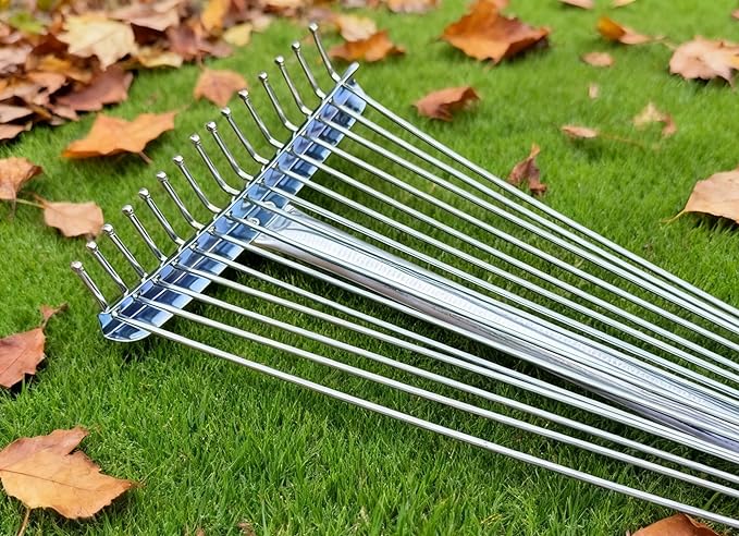 Garden Rake for Leaves with Telescoping Long Handle 33-63" & Adjustable Head 8-22" - Heavy Duty Metal Rake Kit with 16 Gallon Leaf Bag & Gloves, for Yard, Shrubs, Grass, Debris