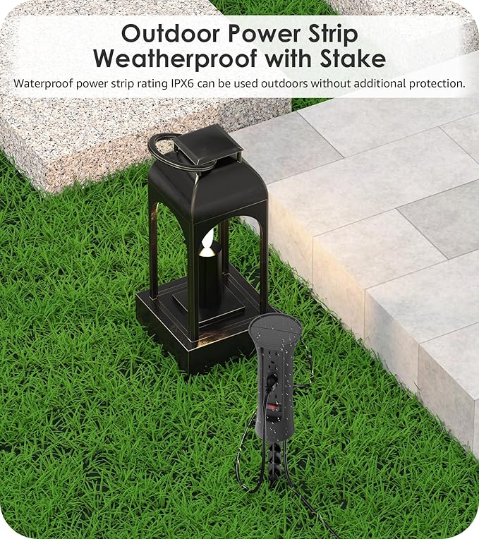 CCCEI Outdoor Power Strip Weatherproof with Stake, Waterproof Extension Cord with Multiple Outlets, Christmas Exterior Garden Decor, Yard, Camping, 4 Plugs, Surge Protector 15FT, Black.