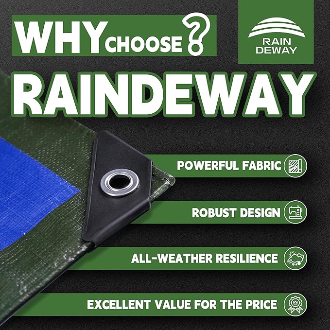 RAINDEWAY Tarps Heavy Duty Waterproof 12x14 Feet,10.5 Mil Waterproof Tarps for Outdoors,Multipurpose Poly Tarp Cover with Metal Grommets and Reinforced Edges,Green/Blue