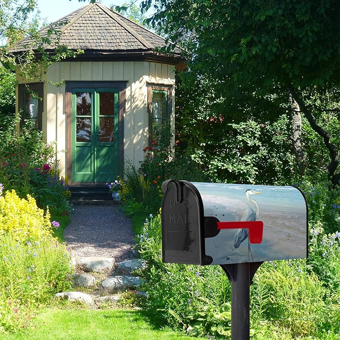 Heron Beach Mailbox Covers Summer Nautical Blue Mailbox Cover Magnetic Standard Size 21x18 Inch Coastal Sea Bird Letter Post Box Wraps Decor for Garden Yard