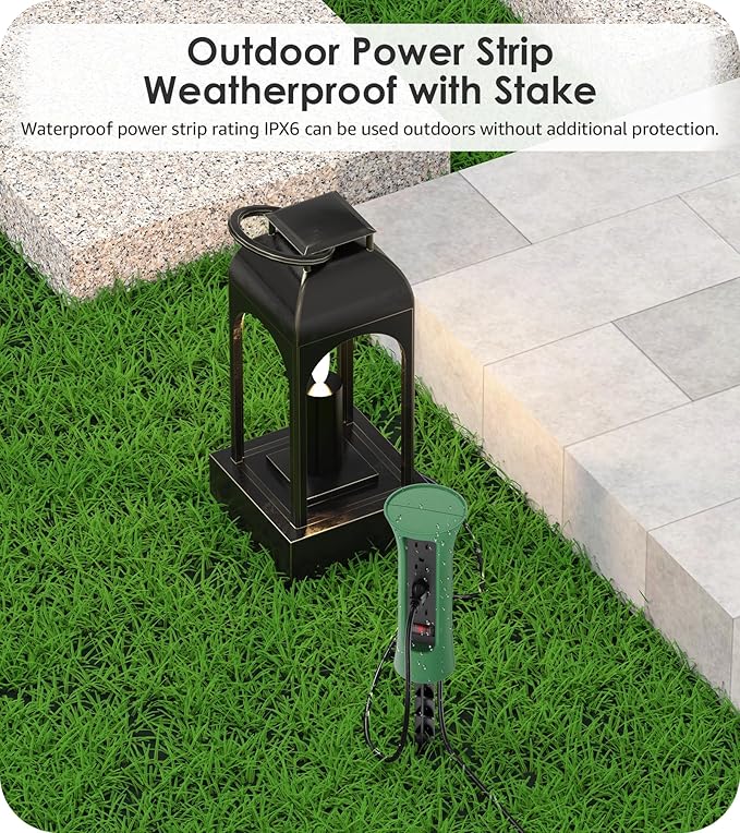 CCCEI Outdoor Power Strip Weatherproof with Stake, Waterproof Extension Cord with Multiple Outlets, Christmas Exterior Garden Decor, Yard, Camping, 4 Plugs, Surge Protector 10FT, Green.