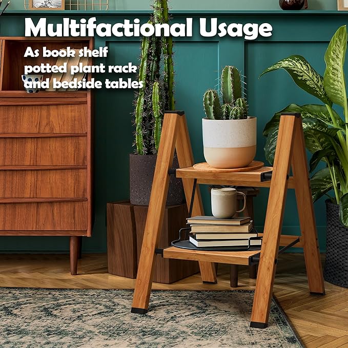 Taranta 2 Step Ladder,Aluminum Lightweight Folding 2 Step Stool with Anti-Slip Wide Pedal, 330lbs Capacity Step Ladder for Household,Kitchen,Office - Woodgrain