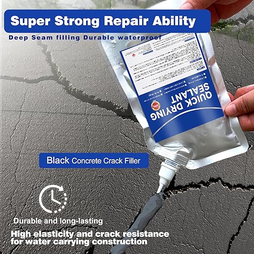 Concrete Crack Filler and Sealant, Quick Drying High Elasticity Cement Crack Filler, Waterproof Repair, Self-Leveling Concrete Slab Repair for Driveway, Patio (Black, 35.27 OZ)