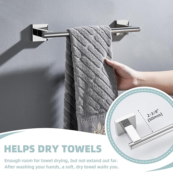 Suyar Bathroom Accessories Set Polished Chrome, SUS 304 Stainless Steel Bathroom Hardware Set 4 Pieces, Include Robe Hook, Toilet Paper Holder, Hand Towel Holder, Towel Bar, Wall Mounted