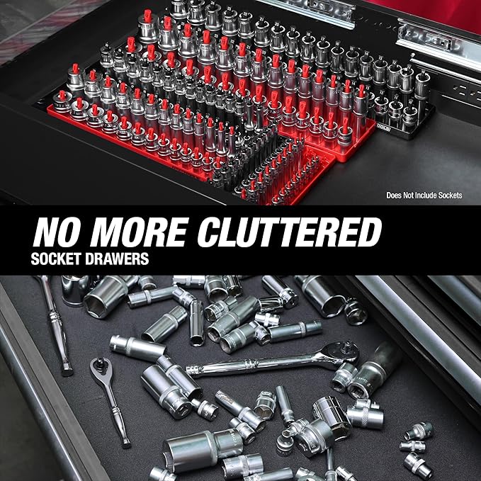 OEMTOOLS 22234 Socket Organizer, 6 Piece Socket Organizers, SAE and Metric, Socket Holders 1/4, 3/8, 1/2 Drive Sockets, Socket Holder for Toolbox, Red and Black