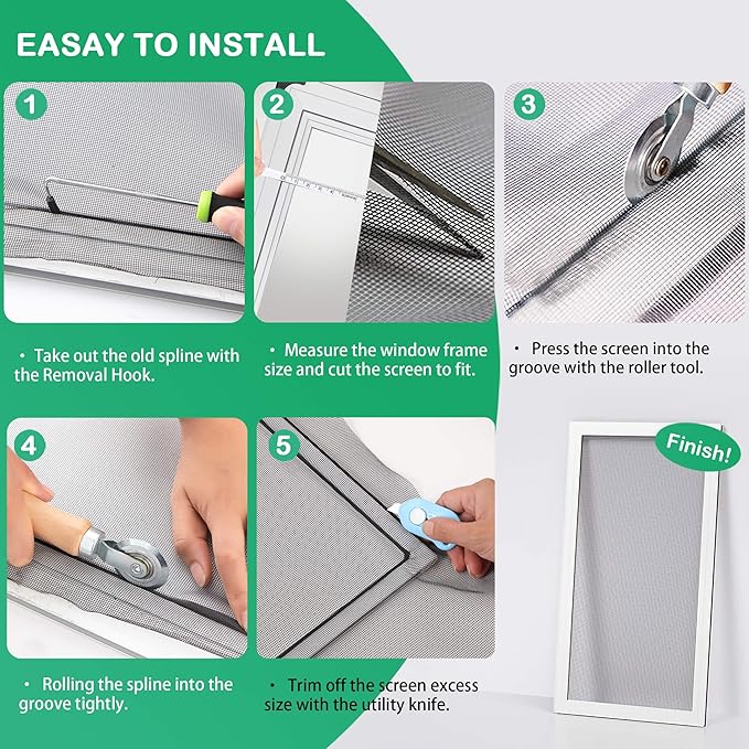 Screen Tool for Window Screen Replacement - Two Spline Roller (Steel and Nylon Bearing Roller), Spline Removal Hook, Two Sizes Screen Spline, Utility Knife, Tape Measure, Tooltriz