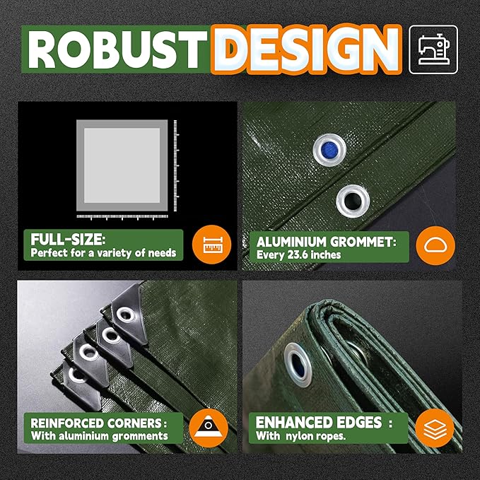 RAINDEWAY Tarps Heavy Duty Waterproof 20x30 Feet,10.5 Mil Waterproof Tarps for Outdoors,Multipurpose Poly Tarp Cover with Metal Grommets and Reinforced Edges,Green/Blue