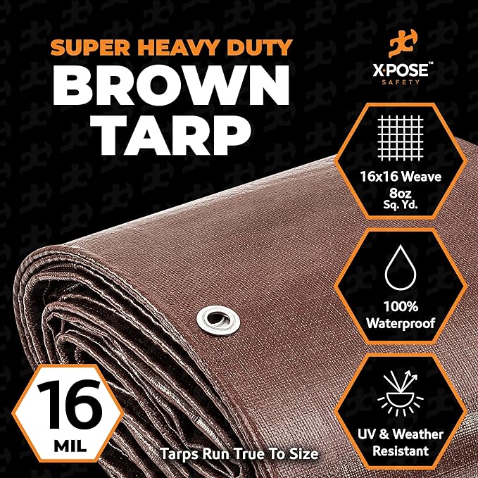 10' x 12' Super Heavy Duty 16 Mil Brown Poly Tarp Cover - Thick Waterproof, UV Resistant, Rip and Tear Proof Tarpaulin with Grommets and Reinforced Edges - by Xpose Safety